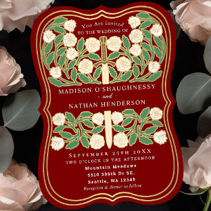 Scarlet Royal Mediaeval White Floral Sword Wedding Invitation