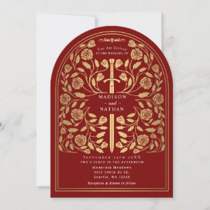 Scarlet Royal Medieval Gold Sword Wedding Arch Invitation