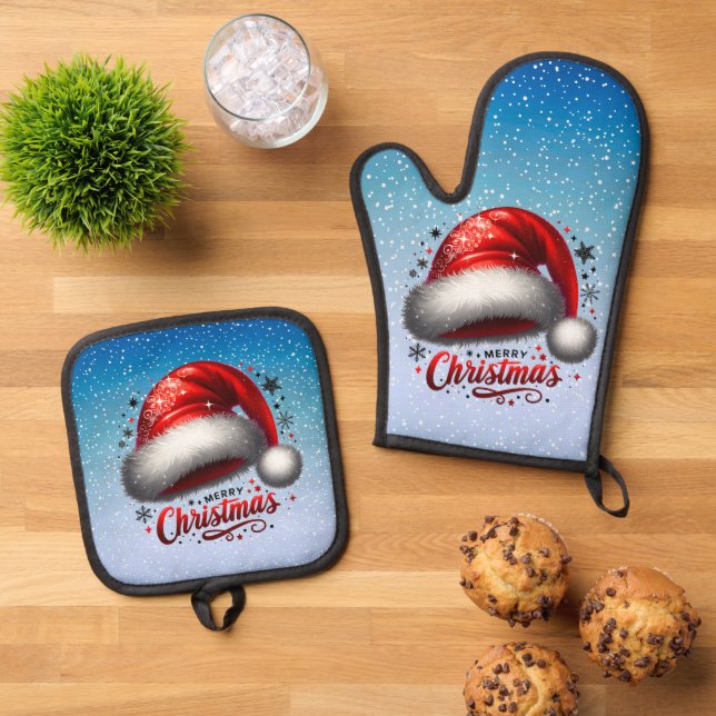 Scarlet Santa Hat Glow  Oven Mitt & Pot Holder Set (Top Down)