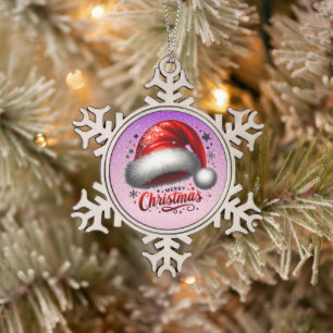 Scarlet Santa Hat Glow Snowflake Pewter Christmas Ornament