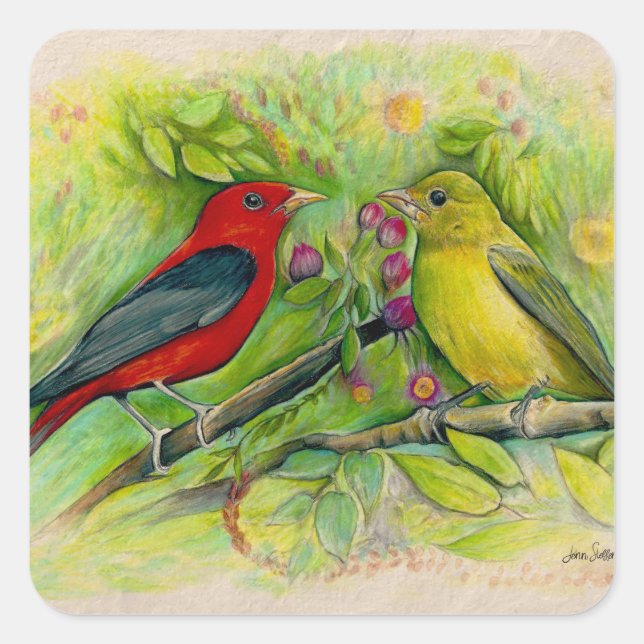 Scarlet Tanagers Bird Art Square Sticker (Front)
