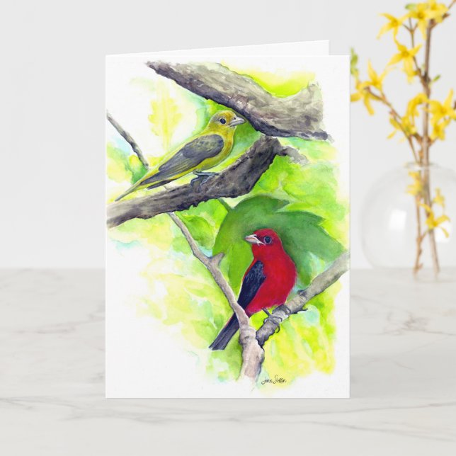 Scarlet Tanagers Birds Watercolor Painting Card (Yellow Flower)
