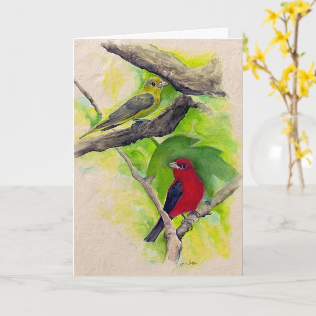 Scarlet Tanagers Birds Watercolor Painting Card (Yellow Flower)