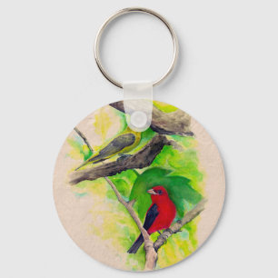 Scarlet Tanagers Birds Watercolor Painting Keychai Key Ring