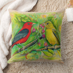  Scarlet Tanagers Watercolor Art Cushion