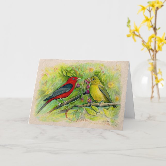 Scarlet Tanagers Watercolor Coloured Pencil Drawin Card (Yellow Flower)