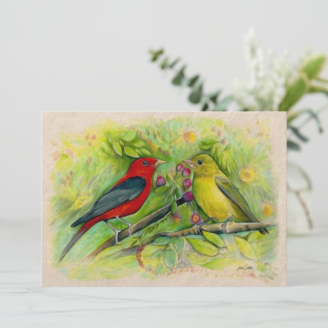 Scarlet Tanagers Watercolor Coloured Pencil Drawin Card (Standing Front)