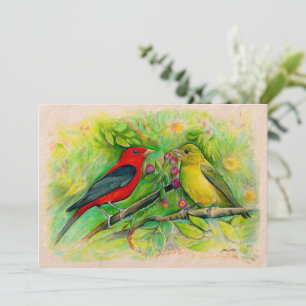 Scarlet Tanagers Watercolor Coloured Pencil Drawin Card