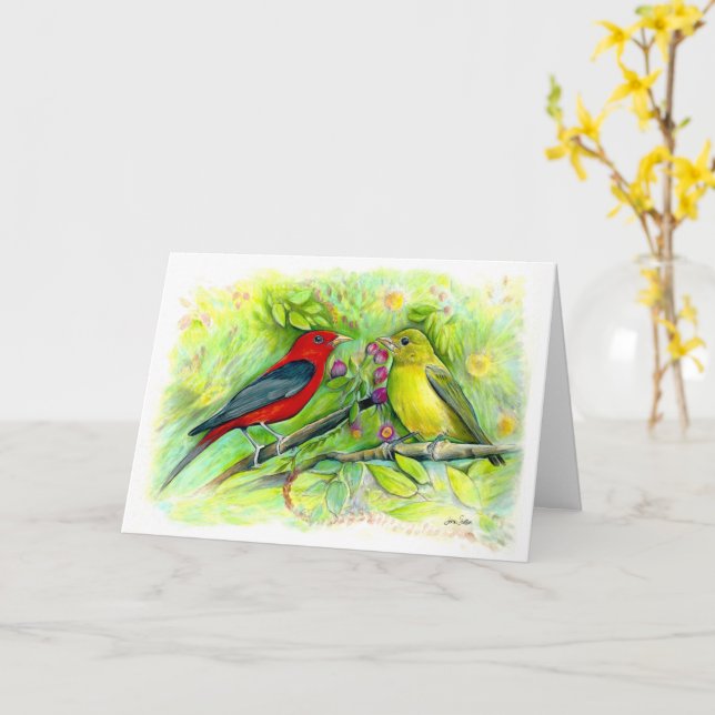  Scarlet Tanagers Watercolor Happy Birthday Card (Yellow Flower)