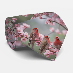 "Scarlet Trio: Red Finches Among Pink Blossoms" Tie
