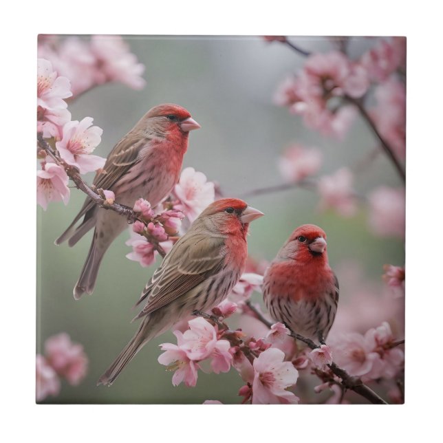 "Scarlet Trio: Red Finches Among Pink Blossoms" Tile (Front)