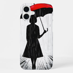 "Scarlet Umbrella" Rain Silhouette Art iPhone 16 Plus Case