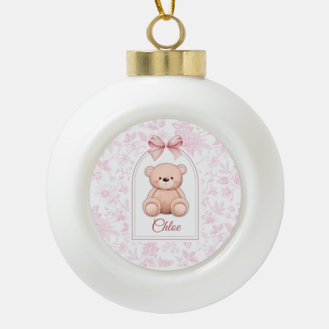 Scarlett | Custom Pink Teddy Bear Nursery Design  Ceramic Ball Christmas Ornament (Front)