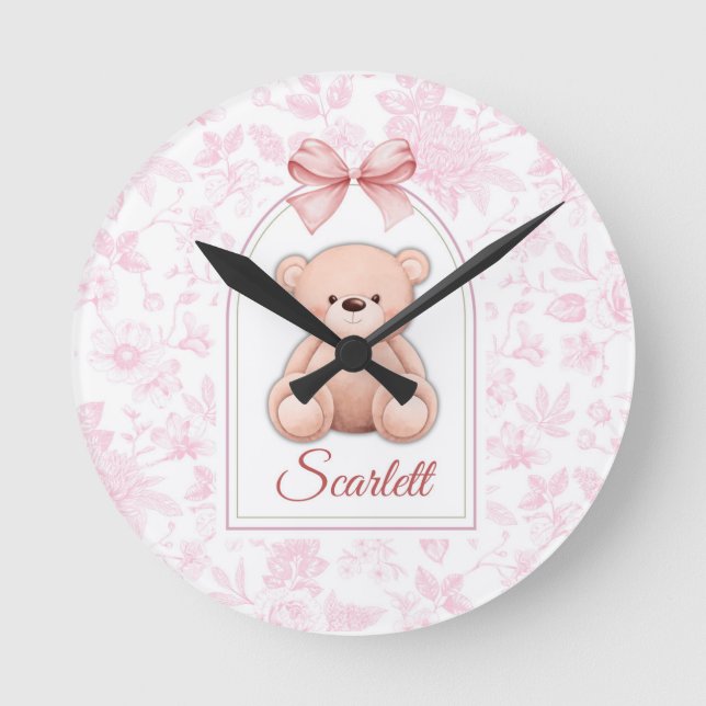 Scarlett | Custom Pink Teddy Bear Nursery Design  Round Clock (Front)
