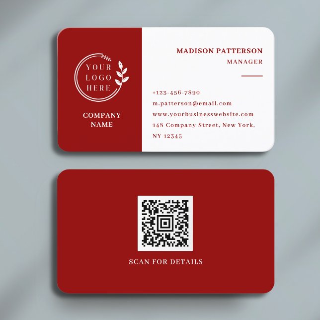 Scarlett Red White Logo QR Code Minimalist Modern Business Card (Creator Uploaded)