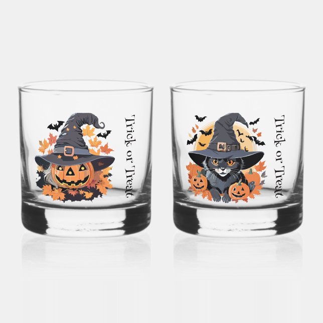 Scary and Cute Trick or Treat Halloween  Whiskey Glass (Front)