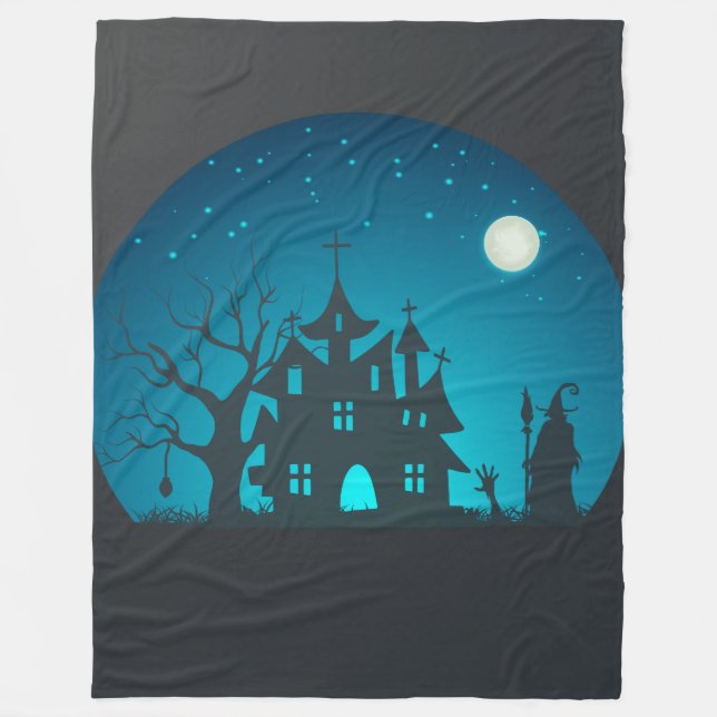 Scary and Fun Blue and Black Haunted House Fleece Blanket (Front)