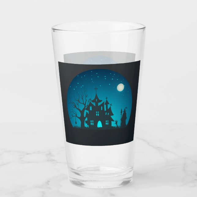 Scary and Fun Blue and Black Haunted House Glass (Front)