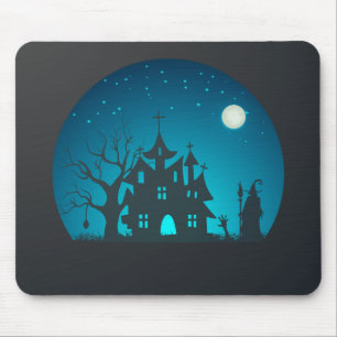 Scary and Fun Blue and Black Haunted House Mouse Mat