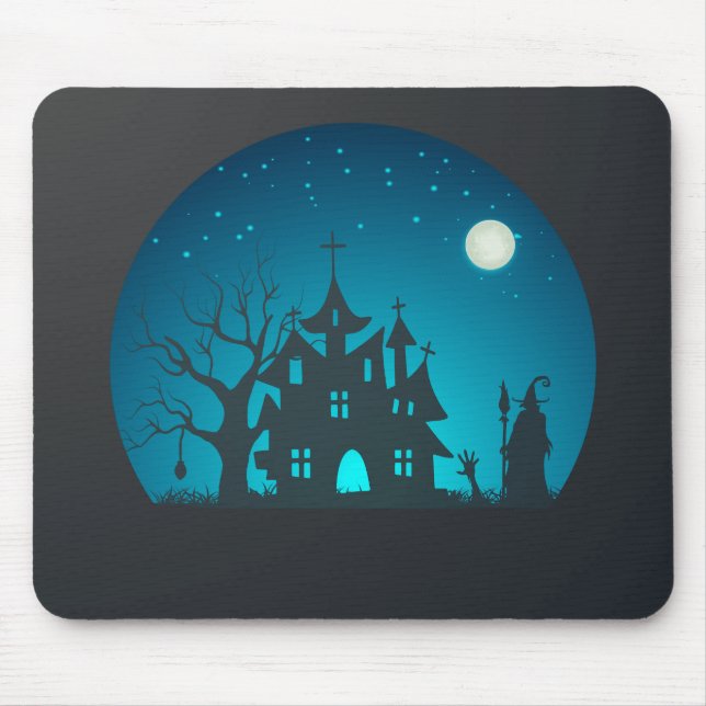 Scary and Fun Blue and Black Haunted House Mouse Mat (Front)