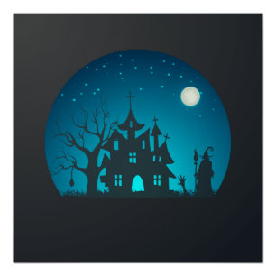 Scary and Fun Blue and Black Haunted House Poster