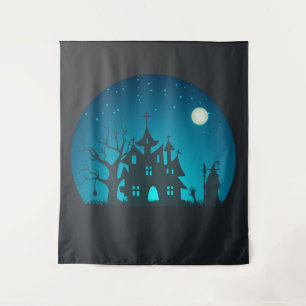 Scary and Fun Blue and Black Haunted House Tapestry