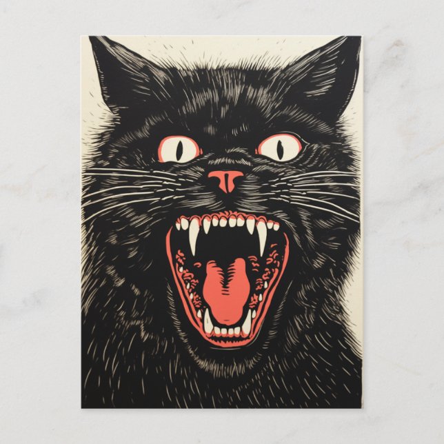 Scary Angry Black Cat Retro Postcard (Front)