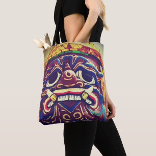 SCARY ASIAN MASK Frightening Spooky Purple Tote Bag