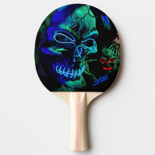 Scary Badass Neon Blue Teal Skull Name Ping Pong Paddle