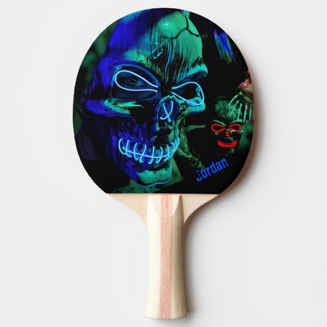 Scary Badass Neon Blue Teal Skull Name Ping Pong Paddle (Front)
