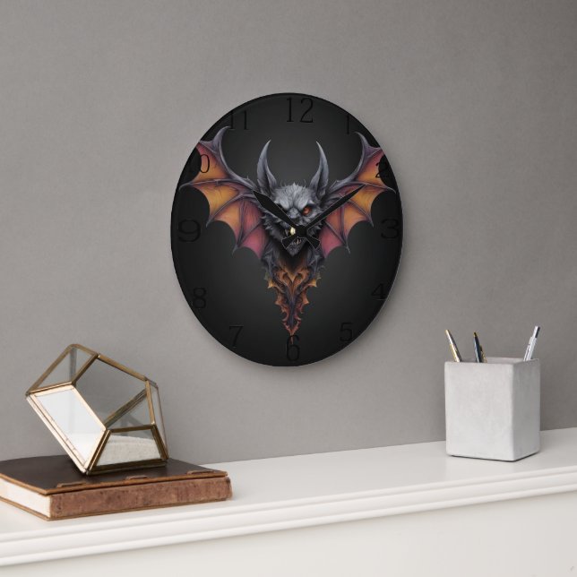 Scary Bat Ink Drawing, Large Clock (Office)