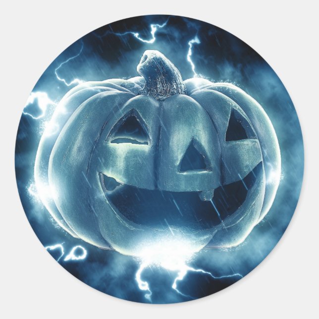 Scary Black and Blue Pumpkin Halloween  Classic Round Sticker (Front)