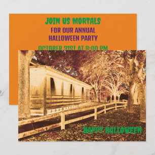 Scary Black and Orange Cabin Woods Halloween Party Invitation