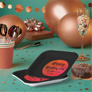 Scary Black and Orange Full Moon Happy Halloween Paper Plate