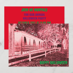 Scary Black and Red Cabin Woods Halloween Party Invitation