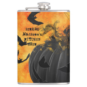 Scary Black bats Jack O Lantern Witches Brew Name  Hip Flask