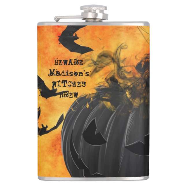 Scary Black bats Jack O Lantern Witches Brew Name  Hip Flask (Front)