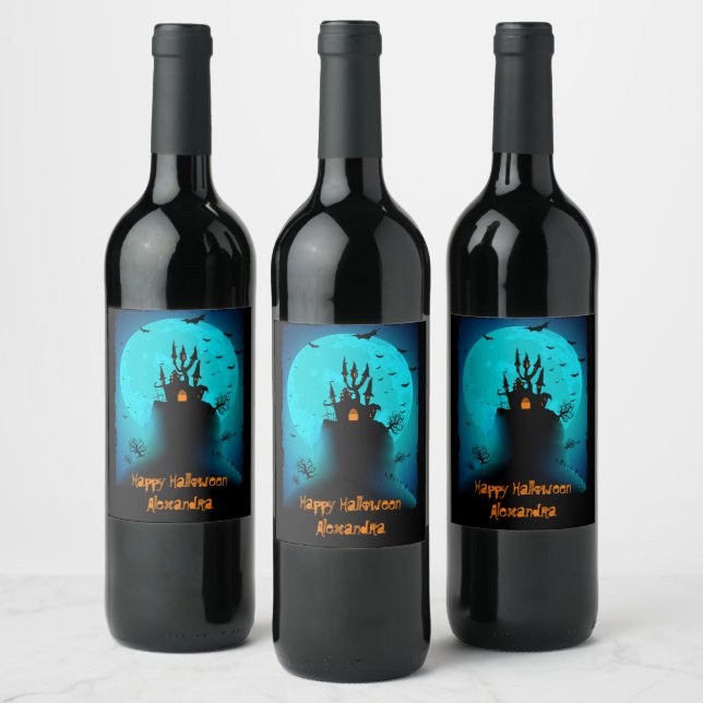Scary Black & Blue Moon Happy Halloween Wine Label (Bottles)
