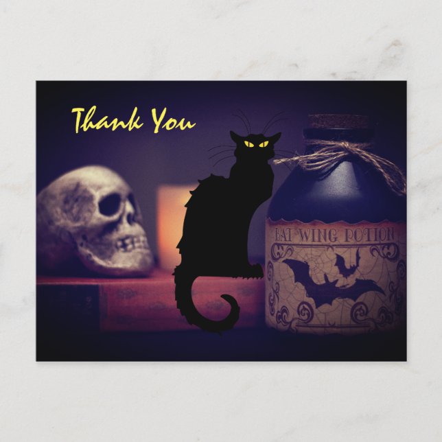 Scary Black Cat and Skull Halloween Thank You Postcard (Front)