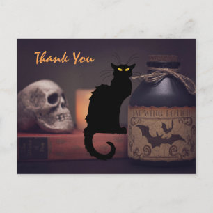 Scary Black Cat and Skull Halloween Thank You Postcard