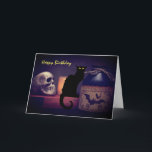 Scary Black Cat and Skull Happy Birthday Halloween Card<br><div class="desc">This Happy Birthday Halloween greeting card features a scary black cat and spooky skull with a potion bottle.  The greeting can be modified...  Inside Greeting - "Wishing you a very Happy Birthday!   Hope it makes you want to hiss and scream."   -</div>