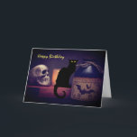 Scary Black Cat and Skull Happy Birthday Halloween Card<br><div class="desc">This Happy Birthday Halloween greeting card features a scary black cat and spooky skull with a potion bottle.  The greeting can be modified...  Inside Greeting - "Wishing you a very Happy Birthday!   Hope it makes you want to hiss and scream."   -</div>
