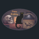 Scary Black Cat and Skull Happy Birthday Oval Sticker<br><div class="desc">This Happy Birthday sticker design features a scary black cat and spooky skull with a potion bottle.</div>