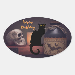 Scary Black Cat and Skull Happy Birthday Oval Sticker