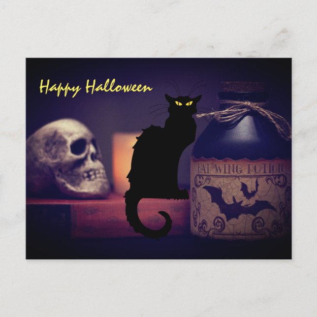 Scary Black Cat and Skull Happy Halloween Postcard (Front)