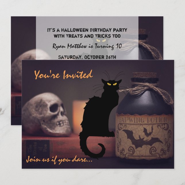 Scary Black Cat n Skull Halloween Birthday Invite (Front/Back)