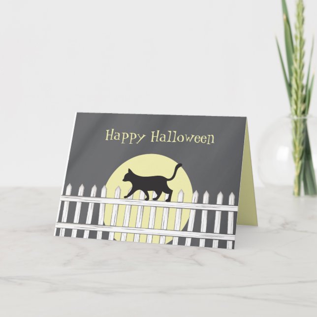 Scary Black Cat on Picket Fence Card (Front)