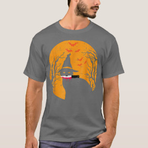 Scary Black Cat Witch Hat and Moon Halloween Party T-Shirt