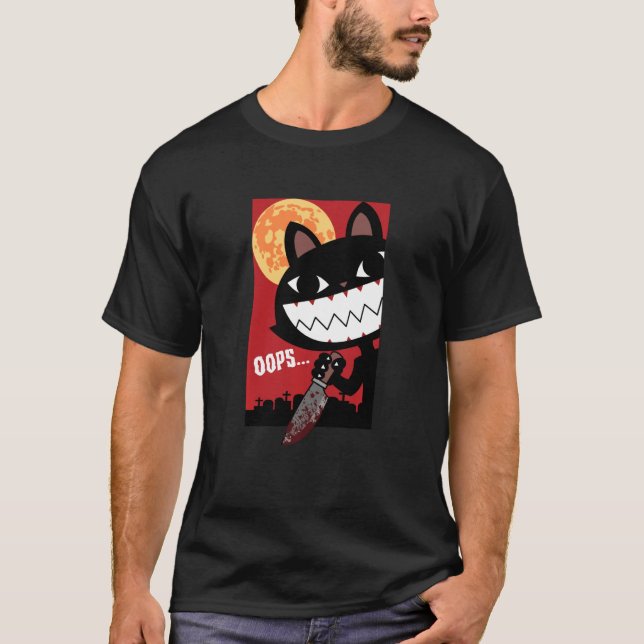 Scary Black Cat With Knife Halloween Women Men Fun T-Shirt (Front)