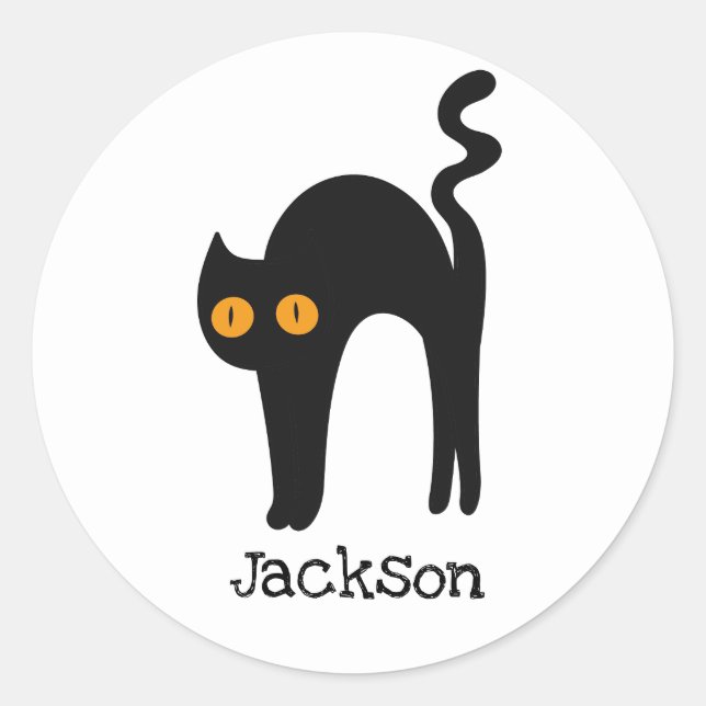 Scary black cat with orange eyes personalised classic round sticker (Front)